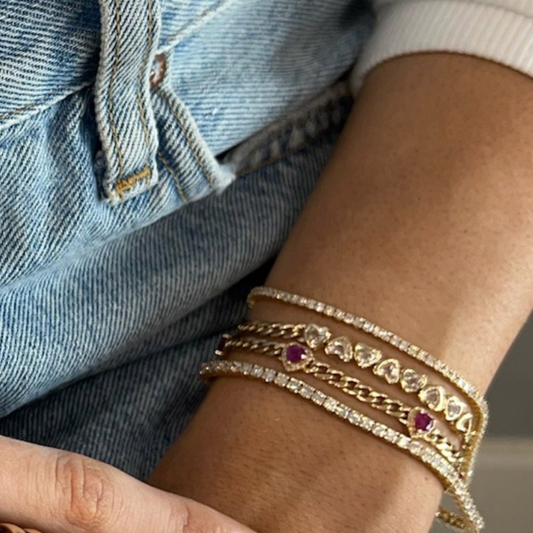 14k Yellow Gold White Topaz Heart With Cuban Link Chain Bracelet - Lexie Jordan Jewelry