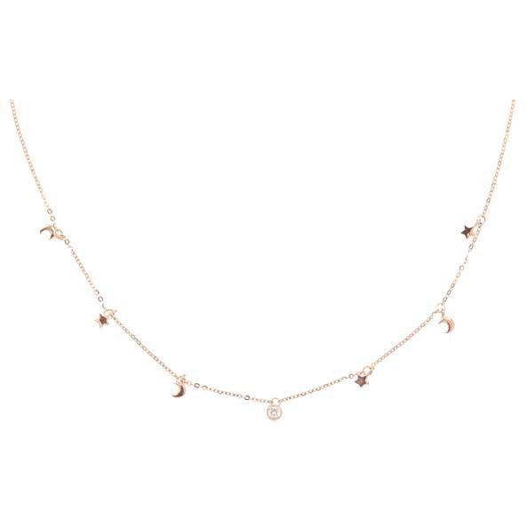 14kt Rose Gold Dangling Moon and Star Necklace with Diamond Bezel - Lexie Jordan Jewelry