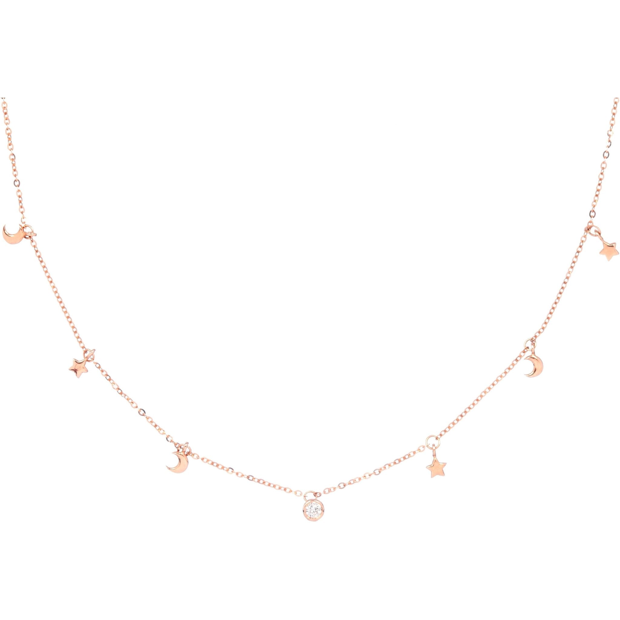 14kt Rose Gold Dangling Moon and Star Necklace with Diamond Bezel - Lexie Jordan Jewelry