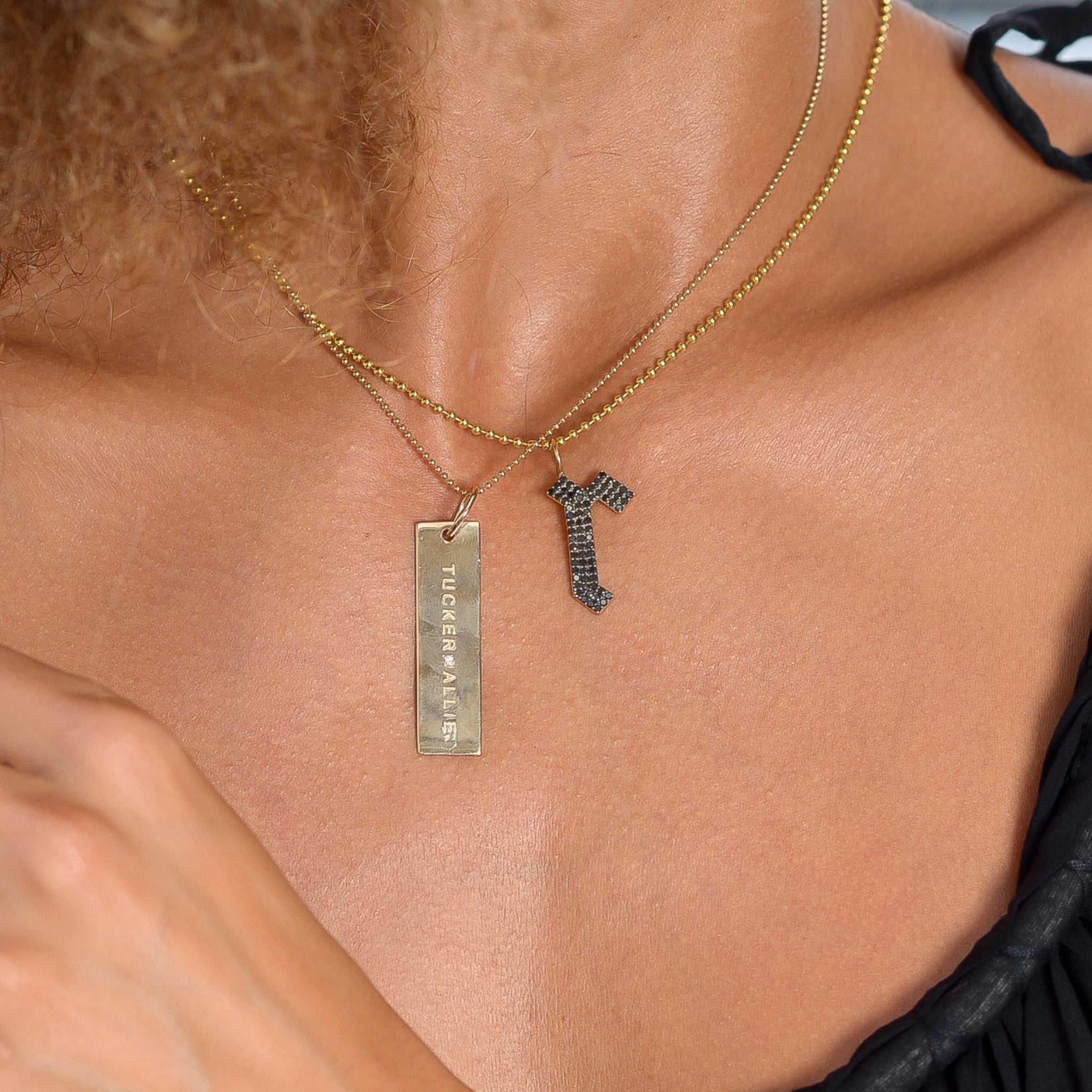 Gothic Black Diamond Small Initial Charm Necklace | 14K Gold | Black Diamonds - Lexie Jordan Jewelry